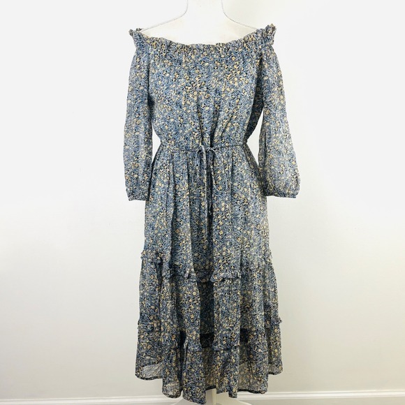 Anthropologie Dresses & Skirts - Anthropologie Kira Floral Off The Shoulder Tiered Midi Dress Blue Yellow Size 4